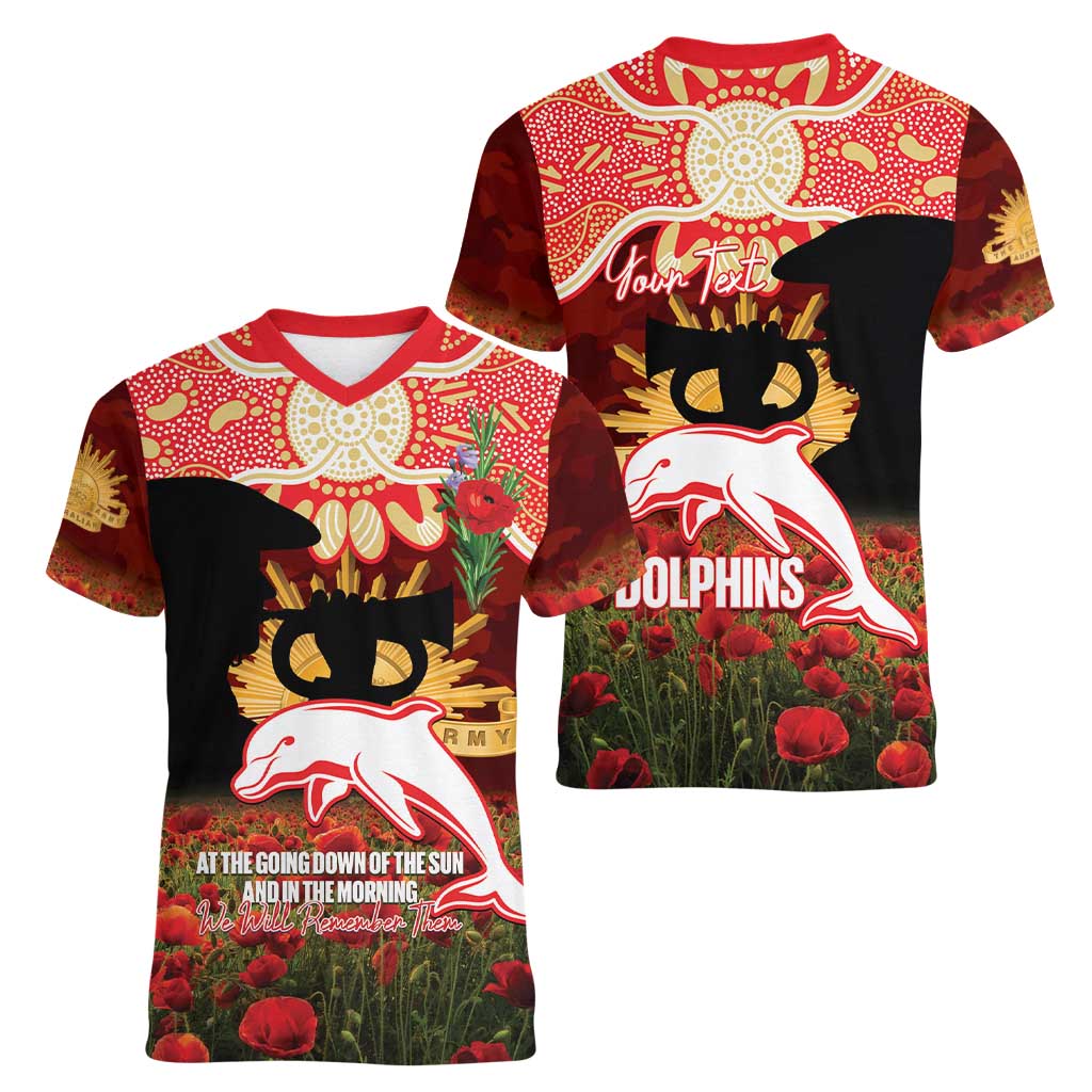 Personalised Dolphins Rugby ANZAC Day Women V-Neck T-Shirt Last Post Poppy We Will Remember Them