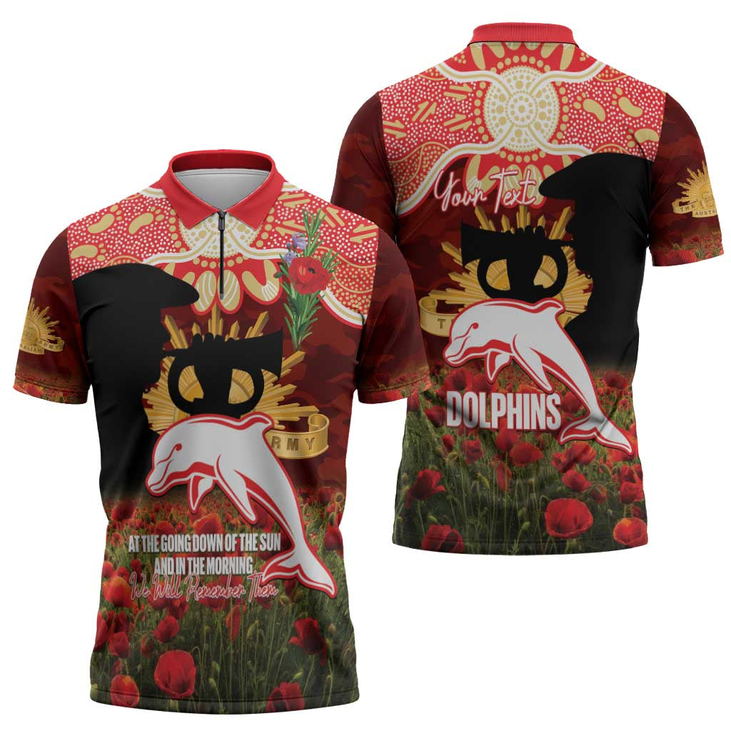 Personalised Dolphins Rugby ANZAC Day Zipper Polo Shirt Last Post Poppy We Will Remember Them