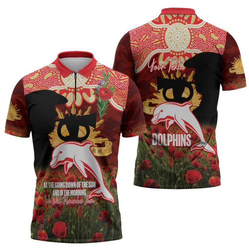 Personalised Dolphins Rugby ANZAC Day Zipper Polo Shirt Last Post Poppy We Will Remember Them