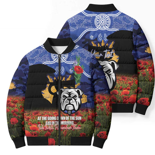 Personalised Bulldogs Rugby ANZAC Day Bomber Puffer Jacket Last Post Poppy We Will Remember Them