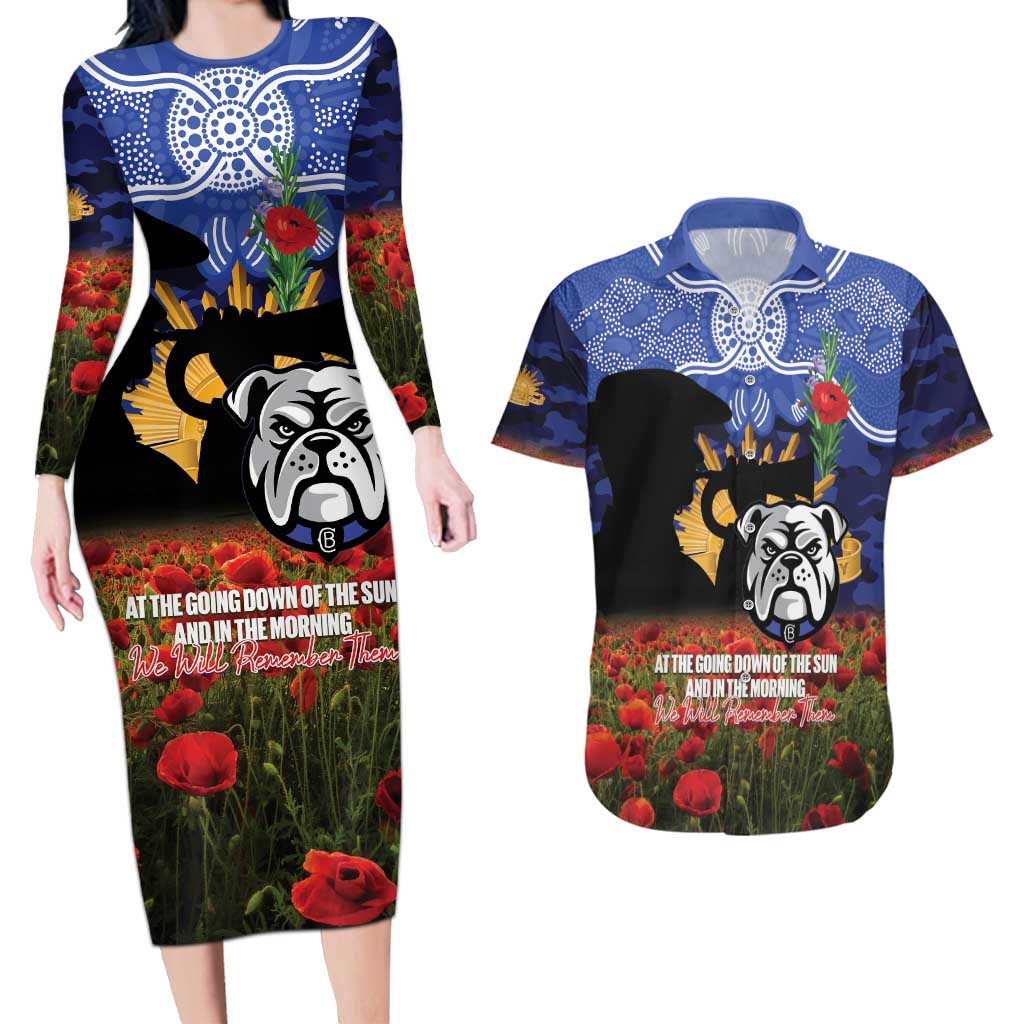 Personalised Bulldogs Rugby ANZAC Day Couples Matching Long Sleeve Bodycon Dress and Hawaiian Shirt Last Post Poppy We Will Remember Them