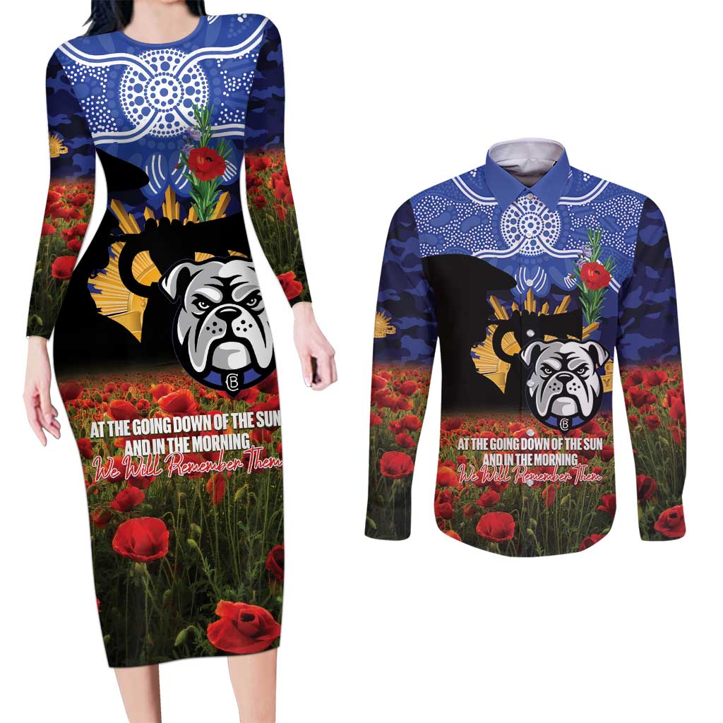 Personalised Bulldogs Rugby ANZAC Day Couples Matching Long Sleeve Bodycon Dress and Long Sleeve Button Shirt Last Post Poppy We Will Remember Them