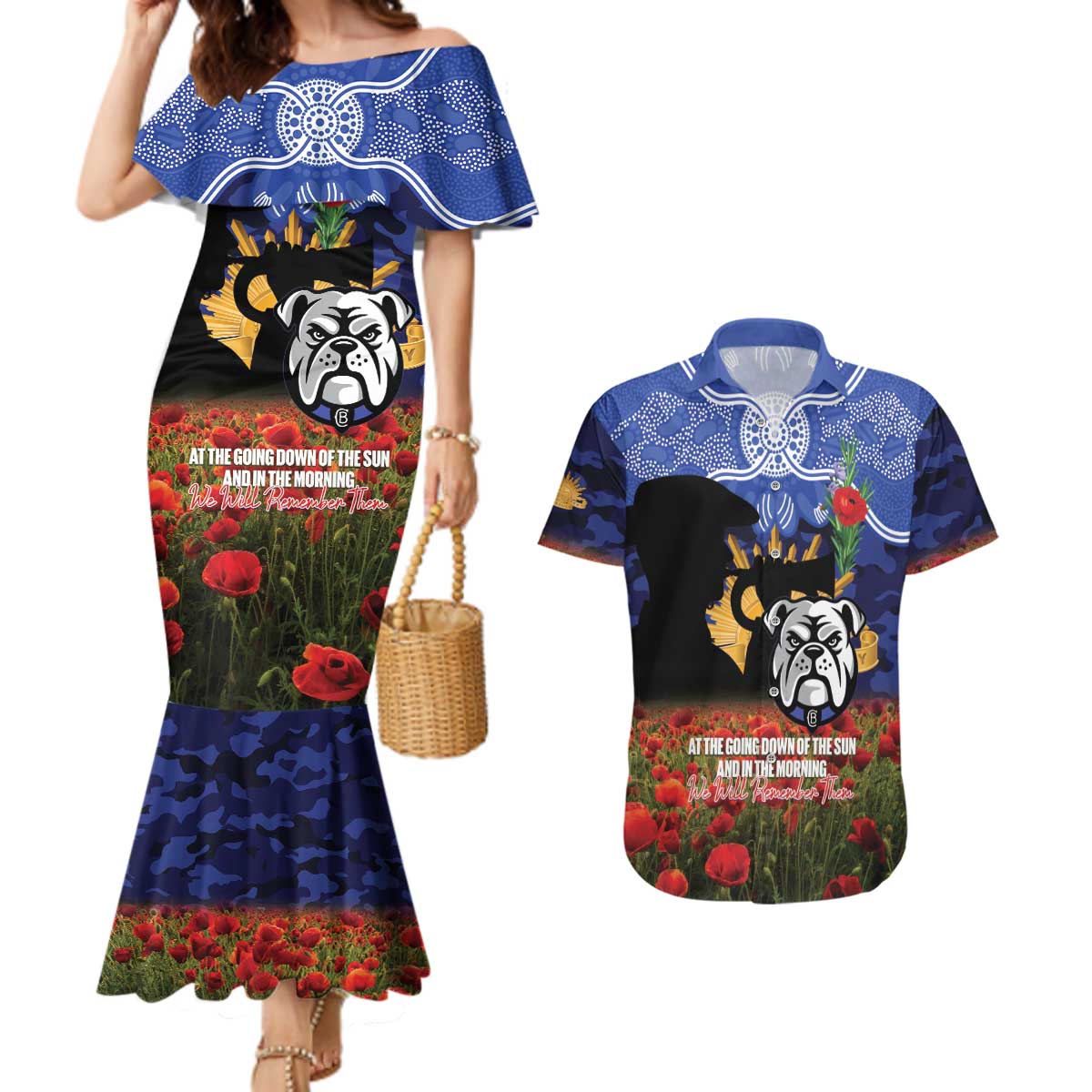Personalised Bulldogs Rugby ANZAC Day Couples Matching Mermaid Dress and Hawaiian Shirt Last Post Poppy We Will Remember Them