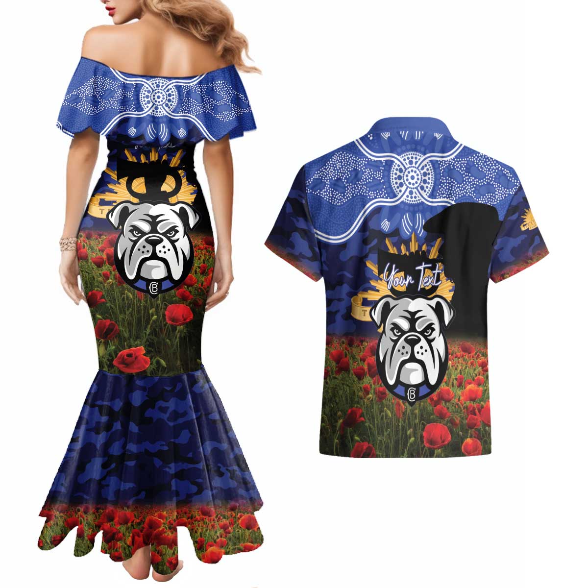 Personalised Bulldogs Rugby ANZAC Day Couples Matching Mermaid Dress and Hawaiian Shirt Last Post Poppy We Will Remember Them