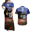 Personalised Bulldogs Rugby ANZAC Day Couples Matching Off Shoulder Maxi Dress and Hawaiian Shirt Last Post Poppy We Will Remember Them