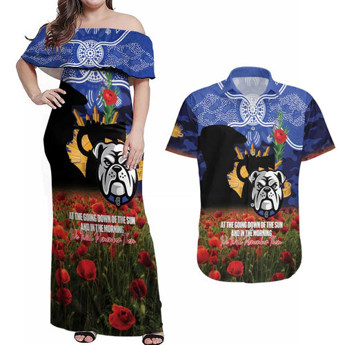 Personalised Bulldogs Rugby ANZAC Day Couples Matching Off Shoulder Maxi Dress and Hawaiian Shirt Last Post Poppy We Will Remember Them