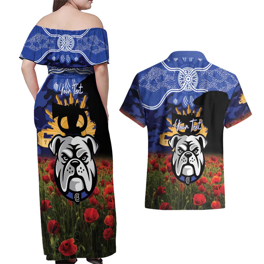 Personalised Bulldogs Rugby ANZAC Day Couples Matching Off Shoulder Maxi Dress and Hawaiian Shirt Last Post Poppy We Will Remember Them