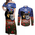 Personalised Bulldogs Rugby ANZAC Day Couples Matching Off Shoulder Maxi Dress and Long Sleeve Button Shirt Last Post Poppy We Will Remember Them