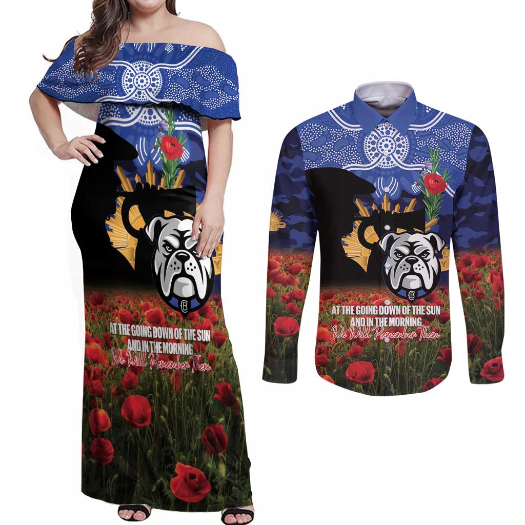 Personalised Bulldogs Rugby ANZAC Day Couples Matching Off Shoulder Maxi Dress and Long Sleeve Button Shirt Last Post Poppy We Will Remember Them