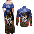 Personalised Bulldogs Rugby ANZAC Day Couples Matching Off Shoulder Maxi Dress and Long Sleeve Button Shirt Last Post Poppy We Will Remember Them