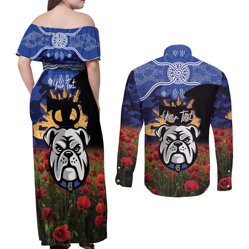 Personalised Bulldogs Rugby ANZAC Day Couples Matching Off Shoulder Maxi Dress and Long Sleeve Button Shirt Last Post Poppy We Will Remember Them