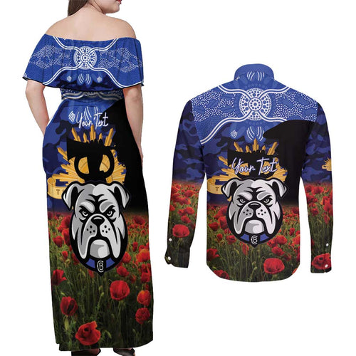 Personalised Bulldogs Rugby ANZAC Day Couples Matching Off Shoulder Maxi Dress and Long Sleeve Button Shirt Last Post Poppy We Will Remember Them