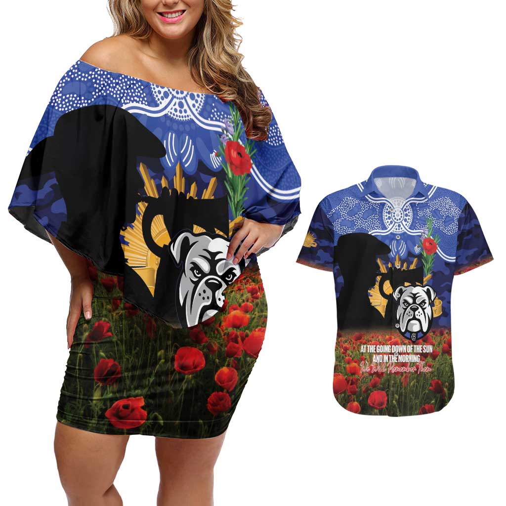 Personalised Bulldogs Rugby ANZAC Day Couples Matching Off Shoulder Short Dress and Hawaiian Shirt Last Post Poppy We Will Remember Them