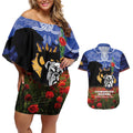 Personalised Bulldogs Rugby ANZAC Day Couples Matching Off Shoulder Short Dress and Hawaiian Shirt Last Post Poppy We Will Remember Them