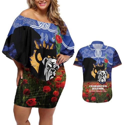 Personalised Bulldogs Rugby ANZAC Day Couples Matching Off Shoulder Short Dress and Hawaiian Shirt Last Post Poppy We Will Remember Them