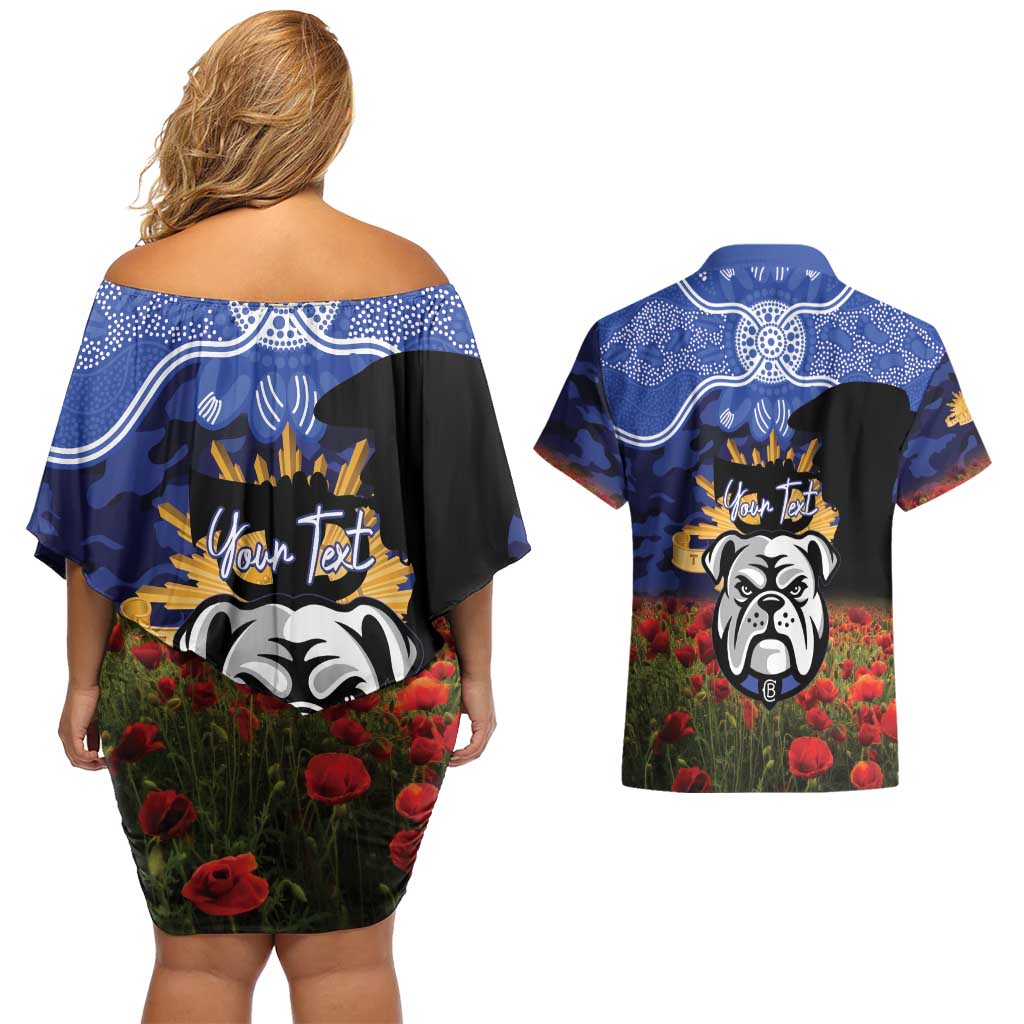 Personalised Bulldogs Rugby ANZAC Day Couples Matching Off Shoulder Short Dress and Hawaiian Shirt Last Post Poppy We Will Remember Them