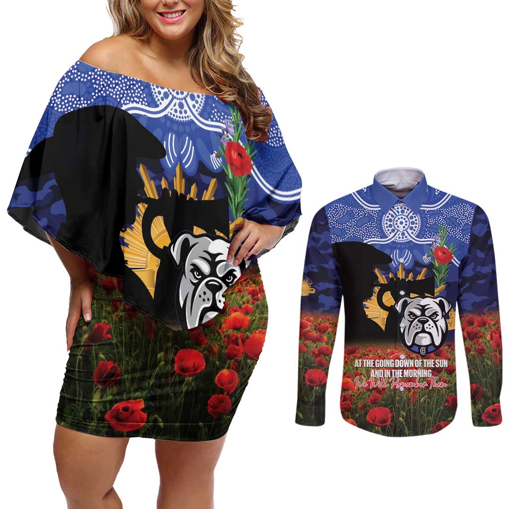 Personalised Bulldogs Rugby ANZAC Day Couples Matching Off Shoulder Short Dress and Long Sleeve Button Shirt Last Post Poppy We Will Remember Them