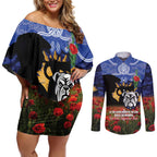 Personalised Bulldogs Rugby ANZAC Day Couples Matching Off Shoulder Short Dress and Long Sleeve Button Shirt Last Post Poppy We Will Remember Them