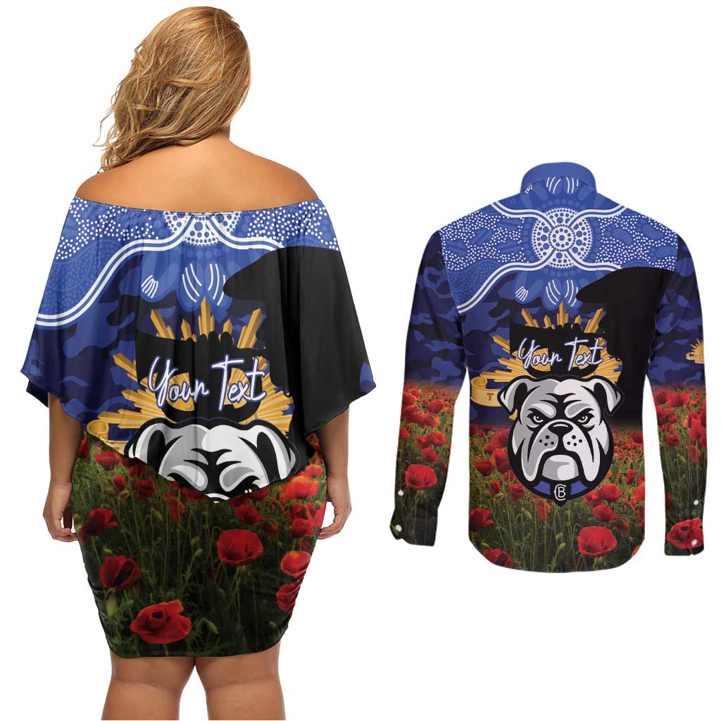 Personalised Bulldogs Rugby ANZAC Day Couples Matching Off Shoulder Short Dress and Long Sleeve Button Shirt Last Post Poppy We Will Remember Them