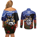 Personalised Bulldogs Rugby ANZAC Day Couples Matching Off Shoulder Short Dress and Long Sleeve Button Shirt Last Post Poppy We Will Remember Them