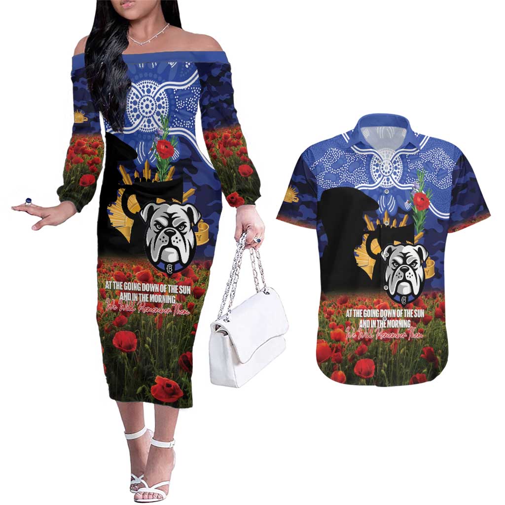 Personalised Bulldogs Rugby ANZAC Day Couples Matching Off The Shoulder Long Sleeve Dress and Hawaiian Shirt Last Post Poppy We Will Remember Them