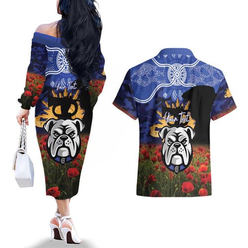 Personalised Bulldogs Rugby ANZAC Day Couples Matching Off The Shoulder Long Sleeve Dress and Hawaiian Shirt Last Post Poppy We Will Remember Them