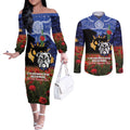 Personalised Bulldogs Rugby ANZAC Day Couples Matching Off The Shoulder Long Sleeve Dress and Long Sleeve Button Shirt Last Post Poppy We Will Remember Them