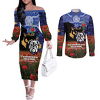 Personalised Bulldogs Rugby ANZAC Day Couples Matching Off The Shoulder Long Sleeve Dress and Long Sleeve Button Shirt Last Post Poppy We Will Remember Them