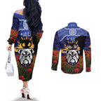 Personalised Bulldogs Rugby ANZAC Day Couples Matching Off The Shoulder Long Sleeve Dress and Long Sleeve Button Shirt Last Post Poppy We Will Remember Them