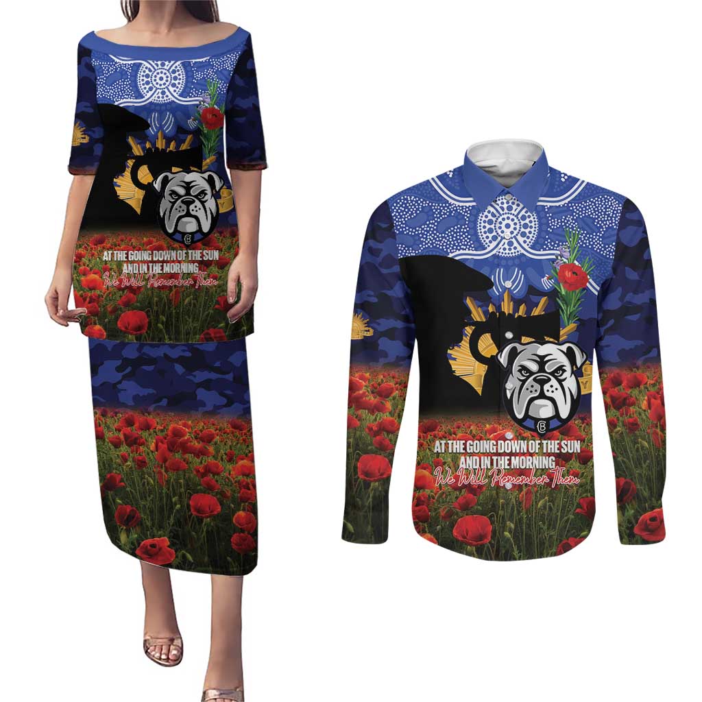 Personalised Bulldogs Rugby ANZAC Day Couples Matching Puletasi and Long Sleeve Button Shirt Last Post Poppy We Will Remember Them