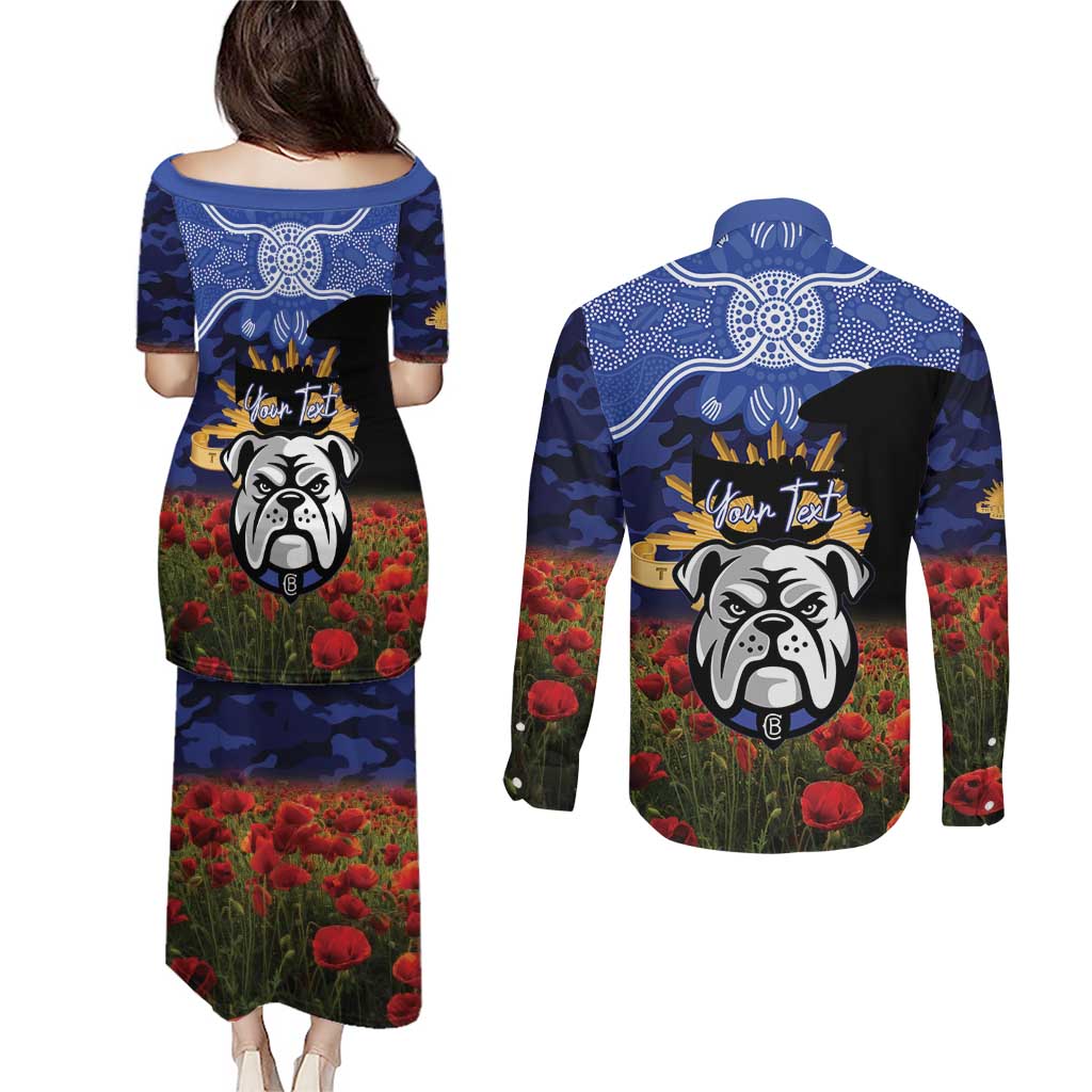Personalised Bulldogs Rugby ANZAC Day Couples Matching Puletasi and Long Sleeve Button Shirt Last Post Poppy We Will Remember Them