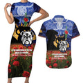 Personalised Bulldogs Rugby ANZAC Day Couples Matching Short Sleeve Bodycon Dress and Hawaiian Shirt Last Post Poppy We Will Remember Them