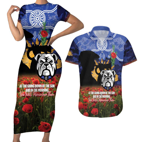 Personalised Bulldogs Rugby ANZAC Day Couples Matching Short Sleeve Bodycon Dress and Hawaiian Shirt Last Post Poppy We Will Remember Them