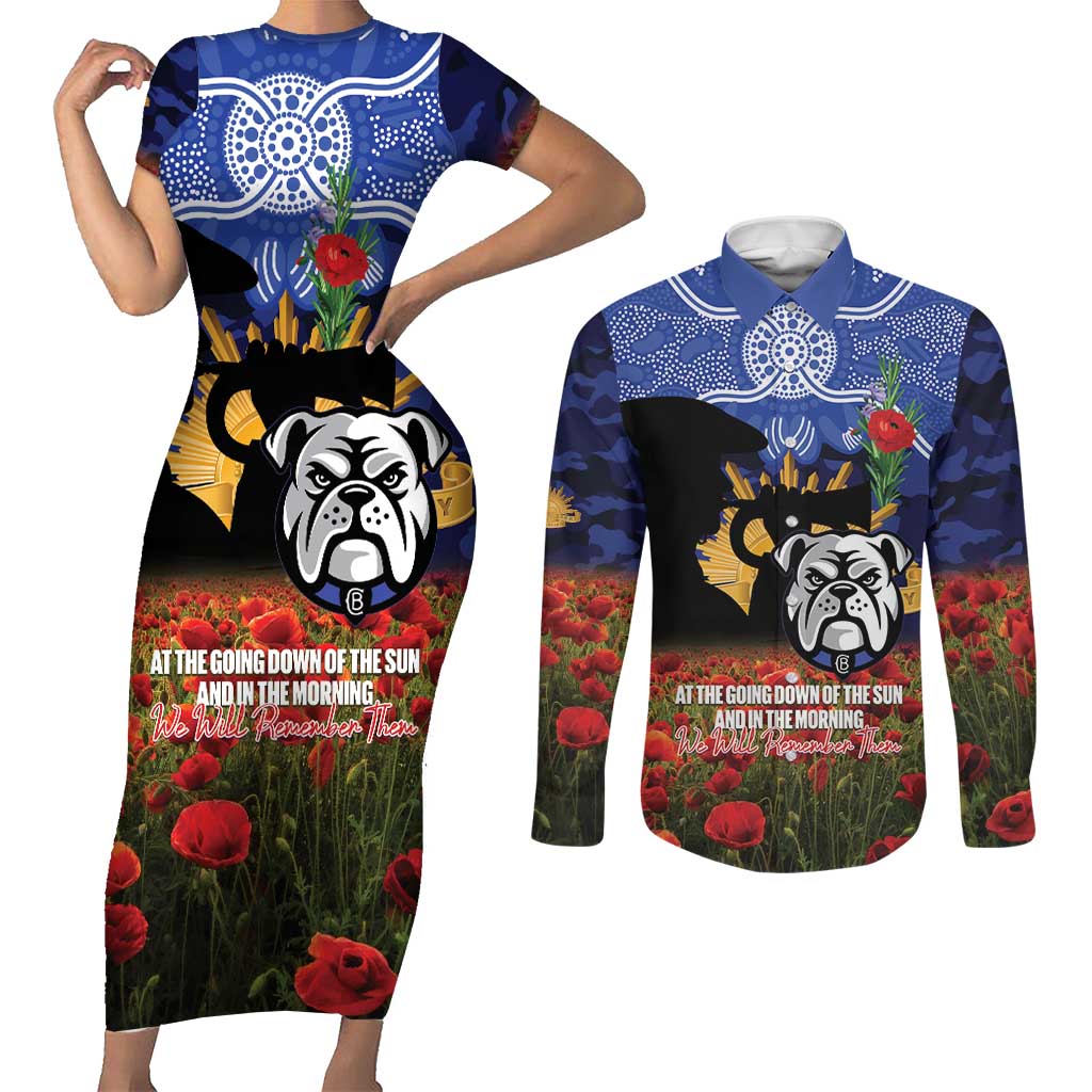 Personalised Bulldogs Rugby ANZAC Day Couples Matching Short Sleeve Bodycon Dress and Long Sleeve Button Shirt Last Post Poppy We Will Remember Them