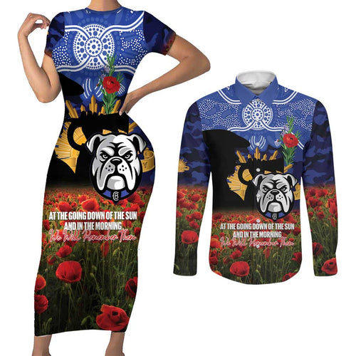 Personalised Bulldogs Rugby ANZAC Day Couples Matching Short Sleeve Bodycon Dress and Long Sleeve Button Shirt Last Post Poppy We Will Remember Them