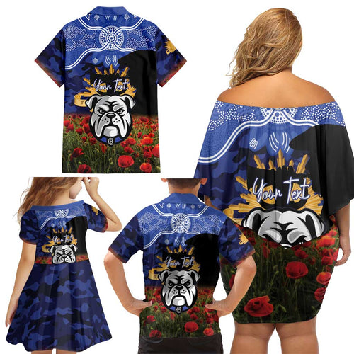 Personalised Bulldogs Rugby ANZAC Day Family Matching Off Shoulder Short Dress and Hawaiian Shirt Last Post Poppy We Will Remember Them