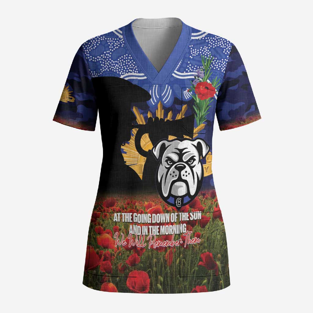 Personalised Bulldogs Rugby ANZAC Day Scrub Top Last Post Poppy We Will Remember Them