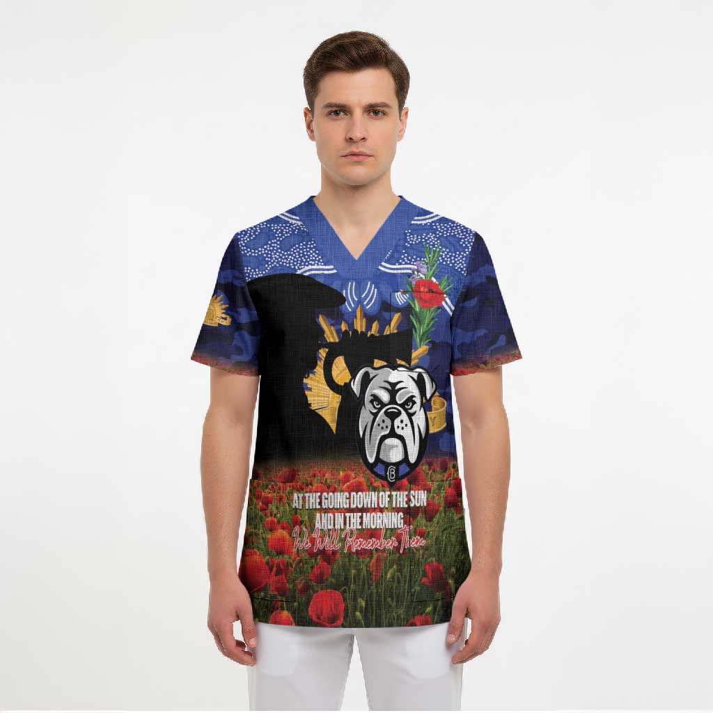 Personalised Bulldogs Rugby ANZAC Day Scrub Top Last Post Poppy We Will Remember Them