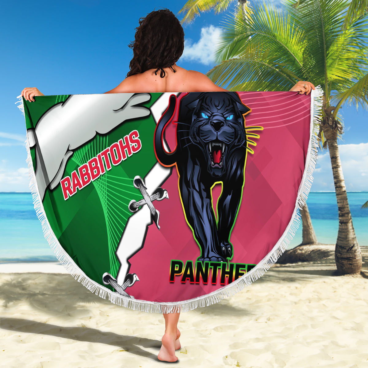 Personalised Panthers And Rabbitohs Rugby Beach Blanket 2024 Souths The Riff Together