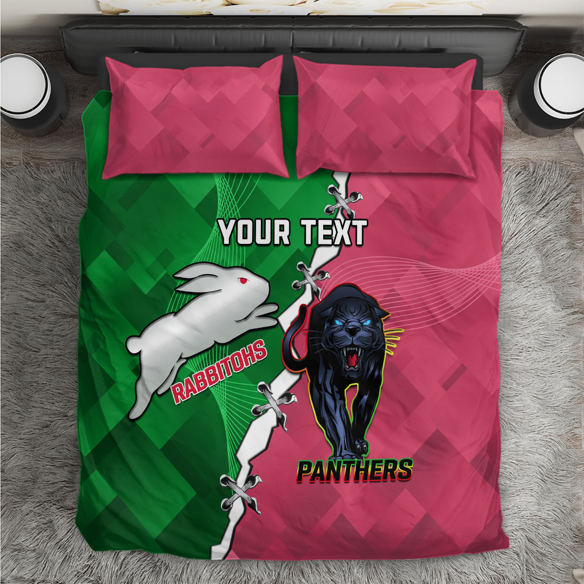 Personalised Panthers And Rabbitohs Rugby Bedding Set 2024 Souths The Riff Together