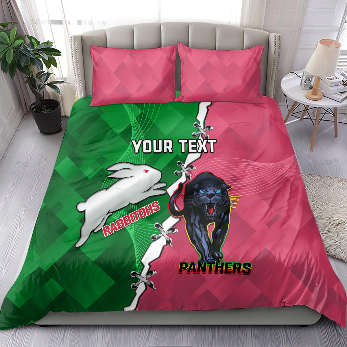 Personalised Panthers And Rabbitohs Rugby Bedding Set 2024 Souths The Riff Together