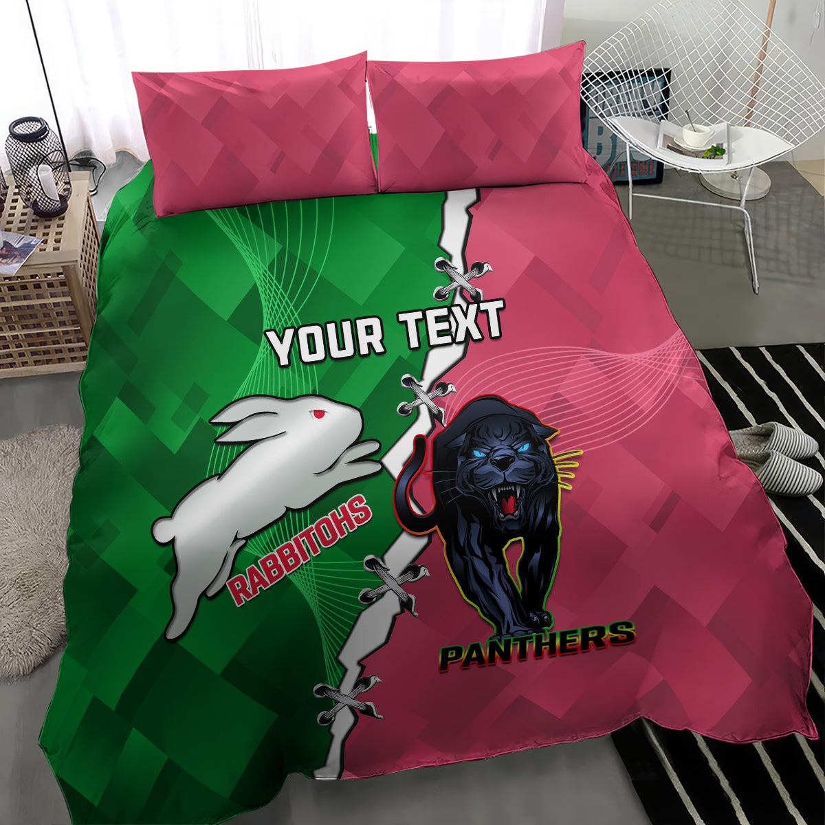 Personalised Panthers And Rabbitohs Rugby Bedding Set 2024 Souths The Riff Together