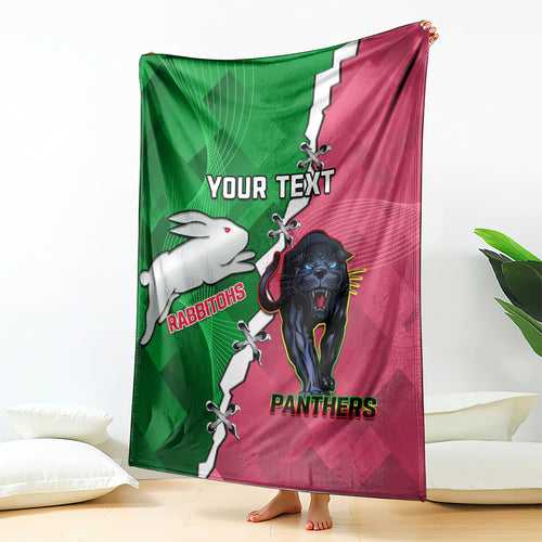 Personalised Panthers And Rabbitohs Rugby Blanket 2024 Souths The Riff Together