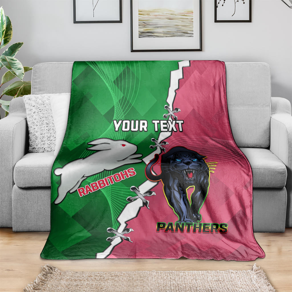 Personalised Panthers And Rabbitohs Rugby Blanket 2024 Souths The Riff Together