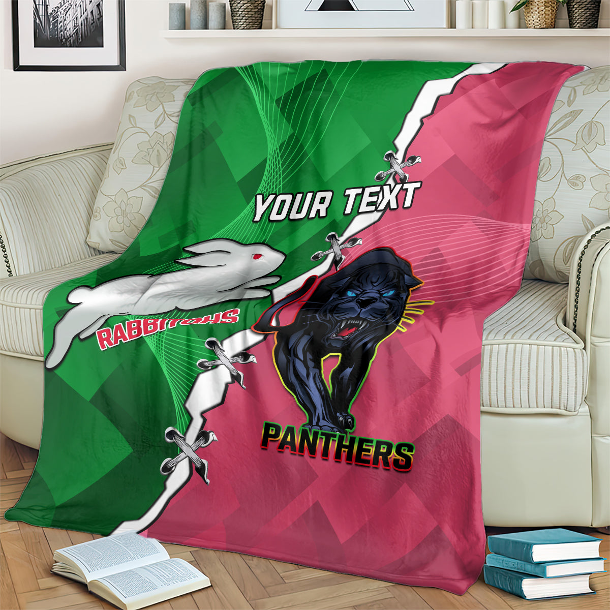 Personalised Panthers And Rabbitohs Rugby Blanket 2024 Souths The Riff Together