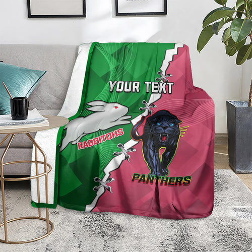 Personalised Panthers And Rabbitohs Rugby Blanket 2024 Souths The Riff Together