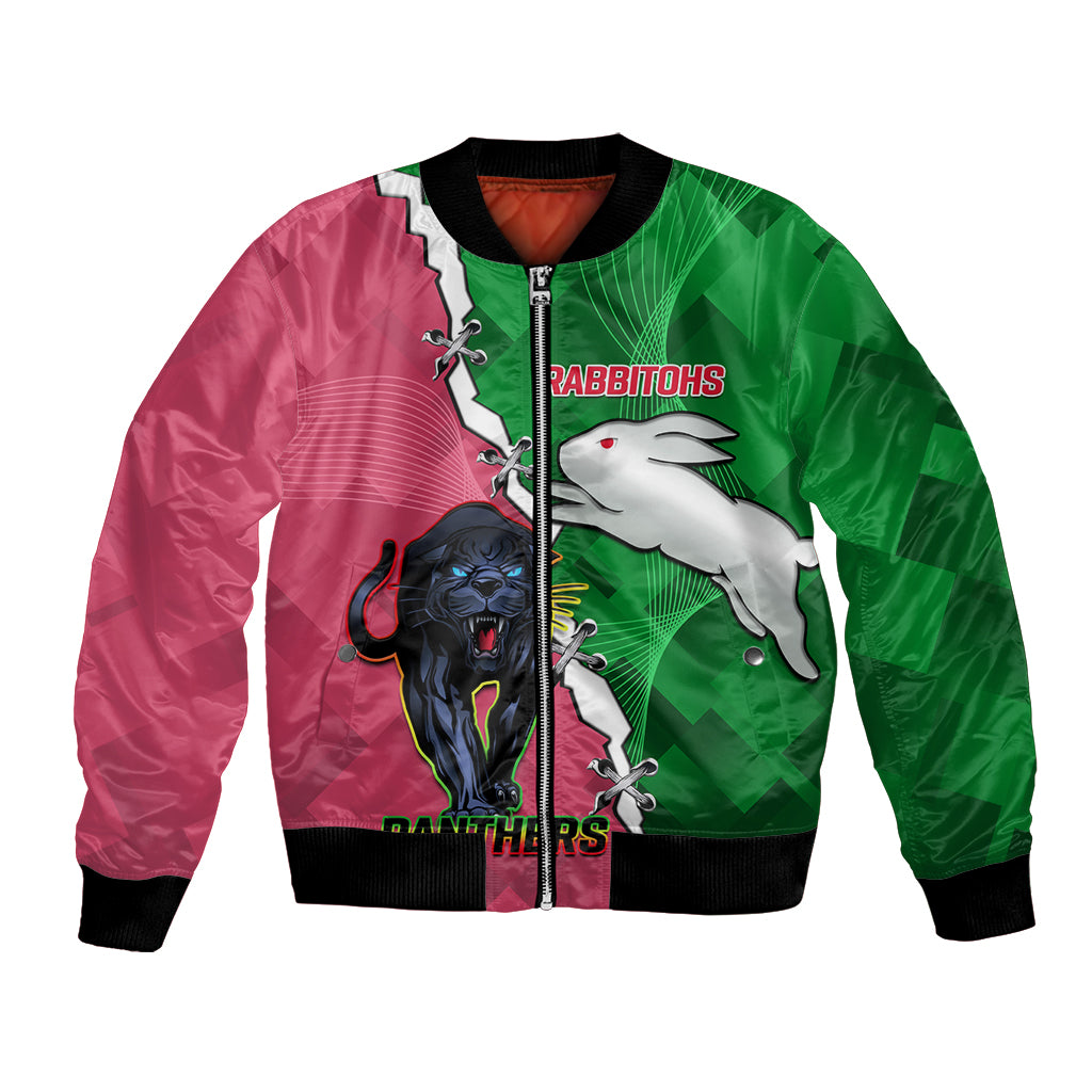 Personalised Panthers And Rabbitohs Rugby Bomber Jacket 2024 Souths The Riff Together