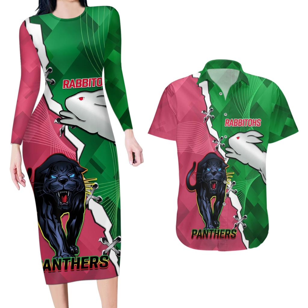 Personalised Panthers And Rabbitohs Rugby Couples Matching Long Sleeve Bodycon Dress and Hawaiian Shirt 2024 Souths The Riff Together