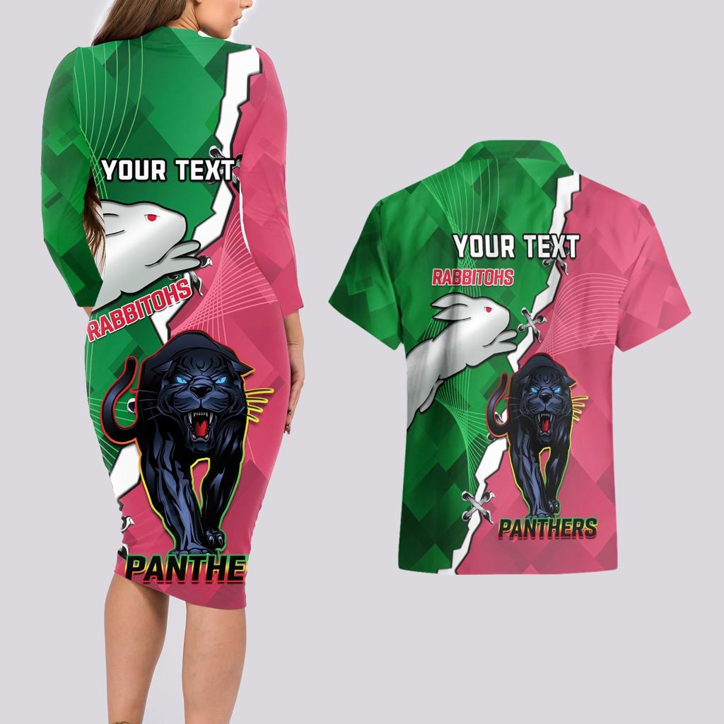Personalised Panthers And Rabbitohs Rugby Couples Matching Long Sleeve Bodycon Dress and Hawaiian Shirt 2024 Souths The Riff Together