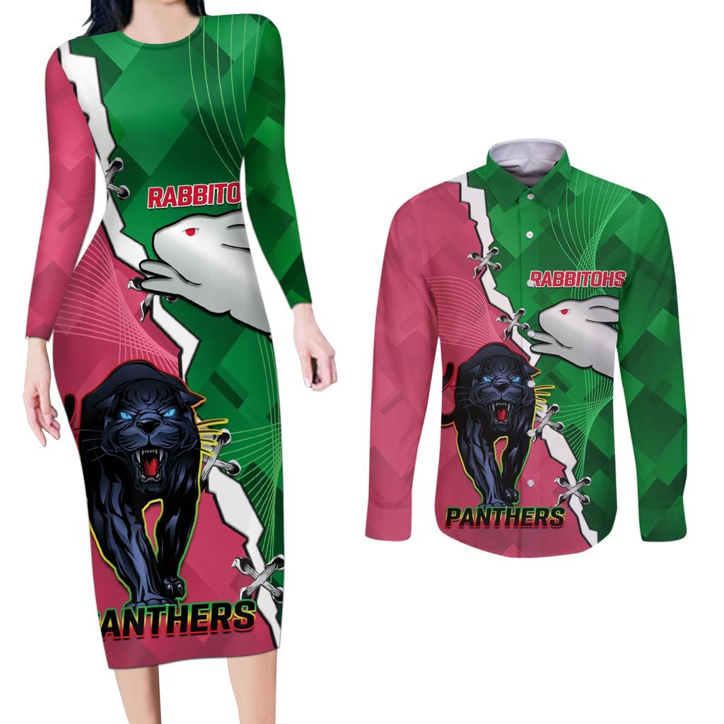Personalised Panthers And Rabbitohs Rugby Couples Matching Long Sleeve Bodycon Dress and Long Sleeve Button Shirt 2024 Souths The Riff Together